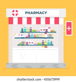 The pharmacy store vector flat illustration. Classical styled building. 