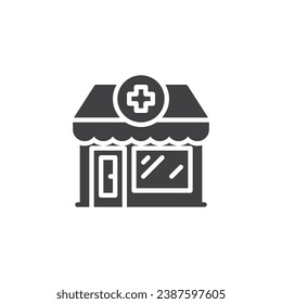 Icono vectorial del almacén de farmacia. signo plano relleno para concepto móvil y diseño web. Icono de glifo de construcción de medicamentos. Símbolo, ilustración del logotipo. Gráficos vectoriales