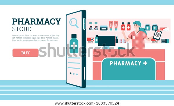 Pharmacy Store Web Banner Mockup Cheerful Stock Vector Royalty Free 1883390524