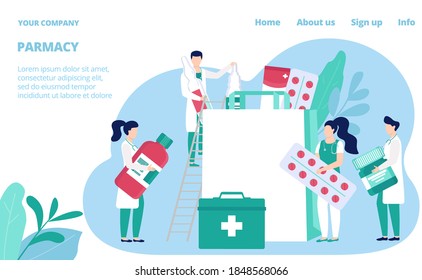 Pharmacy store website template, vector illustration. Pharmacists, druggists with medicines and drugs, pills and healthcare bottles. Health care medical shop webpage. Drugstore pharmaceutical store.