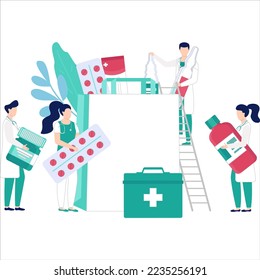 Pharmacy store website template, vector illustration. Pharmacists, druggists with medicines and drugs, pills and healthcare bottles.