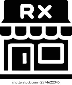 Pharmacy Storefront with Bold RX Sign - Vector Illustration.pharmacy, storefront, RX, sign, vector, silhouette, medical, healthcare, drugstore, pharmacyshop, chemist, medicine, prescription, retail,