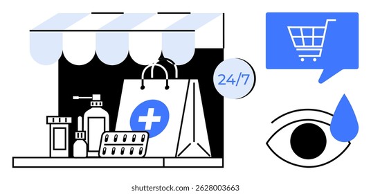 Pharmacy storefront with various medicines, shopping bag with medical cross, speech bubble with shopping cart icon, eye with a drop symbol and 24 7 sign. Ideal for healthcare, e-commerce, online