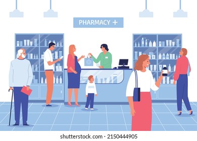 Pharmacy Story Flat Background With Visitors And Apothecary Woman Working At Counter Vector Illustration