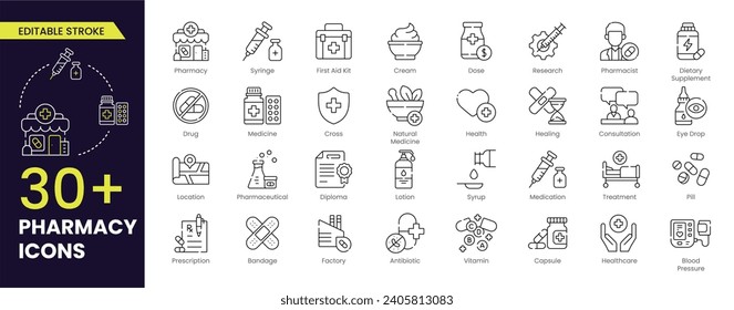 Conjunto de iconos de la marca de la farmacia. Medicina, vendaje, medicación, prescripción, tratamiento, salud y símbolo de jeringa. colección vectorial de iconos de esquema. Stroke editable.