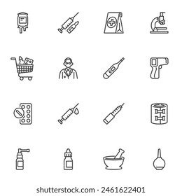 Pharmacy Supply line icons set, outline vector symbol collection, linear style pictogram pack. Signs, logo illustration. Set includes icons as diabetes insulin pen, syringe injection, medical pills