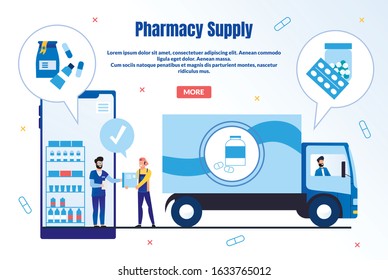 Pharmacy Supply Trendy Flat Vector Web Banner, Landing Page Template. Pharmaceutical Company Supplier or Deliveryman Shipping Products to Drugstore, Pharmacist Ordering Goods Online Illustration