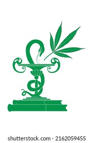 
Pharmacy symbol and cannabis leaf in green on white background. Cannabis used as medicine