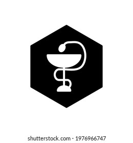Pharmacy symbol with hexagonal background icon. Black and white vector