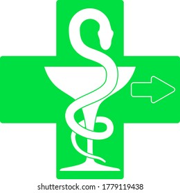 Аптека знак. Pharmacy symbol. Vector white silhouette bowl and snake on a green cross background. Directional arrow.