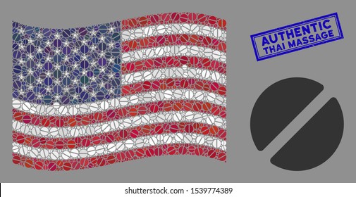 Pharmacy tablet items are grouped into American flag collage with blue rectangle grunge stamp seal of Authentic Thai Massage phrase.