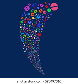 Pharmacy Tablet random fireworks stream. Vector illustration style is flat bright multicolored iconic symbols on a blue background. Object fountain made from scattered pictograms.