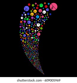 Pharmacy Tablet random fireworks stream. Vector illustration style is flat bright multicolored iconic symbols on a black background. Object fountain created from scattered symbols.