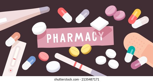 Pharmacy. Tablets of different shapes and colors. Electronic thermometer, covid test, pregnancy test, patch.