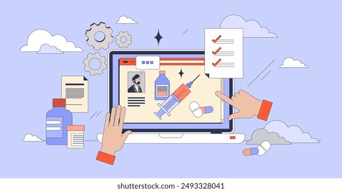 Pharmacy tech online training for pharmacist tiny person neubrutalism concept. Medicine specialist using digital web platforms with information about prescriptions and healthcare vector illustration.