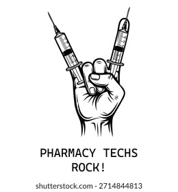 Pharmacy techs rock with syringes in hand gesture