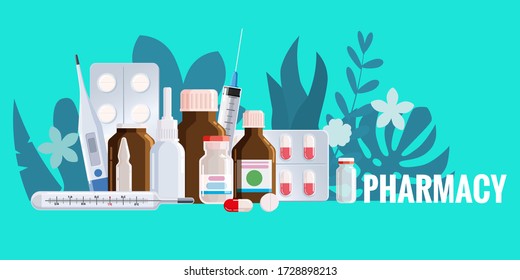Marco de plantilla de farmacia con blister, spray, termómetro, tarros, pastillas, medicamentos, botellas médicas. Dibujo vectorial de farmacia, ilustración plana. Pancarta de Medicina y Salud, vector de fondo de afiches