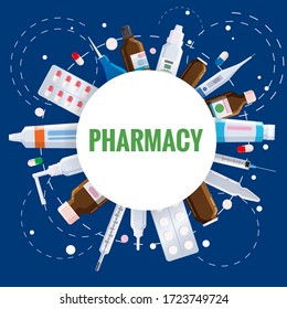 Pharmacy template frame with blister, tubes, spray, syringe, thermometer, pippete, jars, pills, drugs, medical bottles. Drugstore vector cartoon, flat illustration. Medicine and healthcare banner