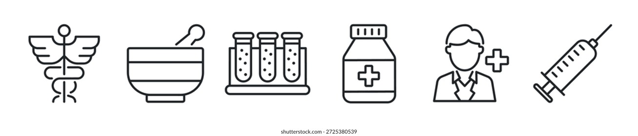 Conjunto de iconos de línea delgada de farmacia. Iconos mínimos de Web