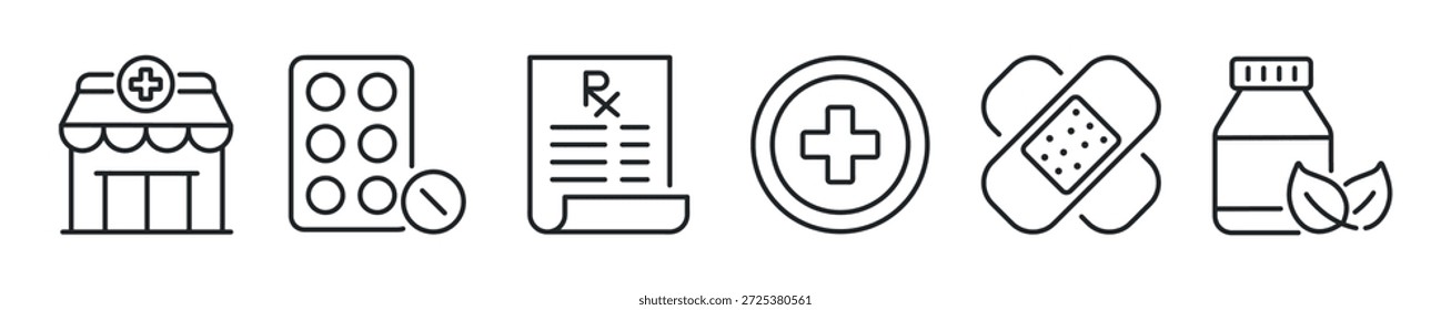 Conjunto de iconos de línea delgada de farmacia. Iconos mínimos de Web