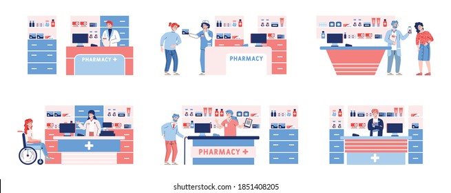 Pharmacy topic set with cartoon characters of people getting medicaments, flat vector illustration isolated on white background. Pharma or drugstore scenes collection.