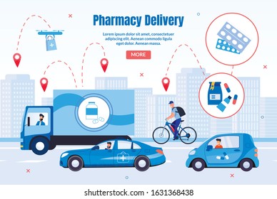 Pharmacy Transportation And Delivery Trendy Flat Vector Web Banner, Landing Page. Deliveryman On Bike, Truck Driver, Company Salesperson Delivering Pharmaceutical Products And Medicines Illustration