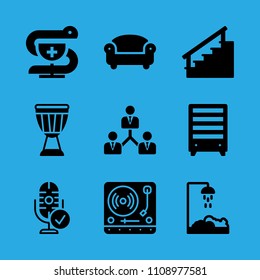pharmacy, turntable, sofa, drum, bookshelf, collaboration, stairs, shower and microphone vector icon. Simple icons set