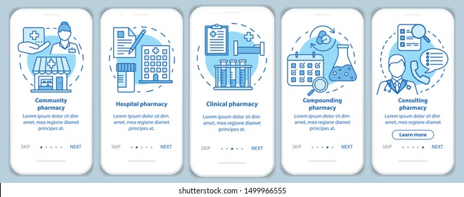 Pharmacy types onboarding mobile app page screen with linear concepts. Hospital, clinic pharmacology. Five walkthrough steps graphic instructions. UX, UI, GUI vector template with illustrations