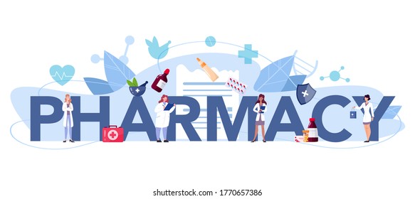 Pharmacy typographic header concept. Medication and health treatment concept. Medicine pill and prescription form. Drugstore staff. Isolated vector illustration