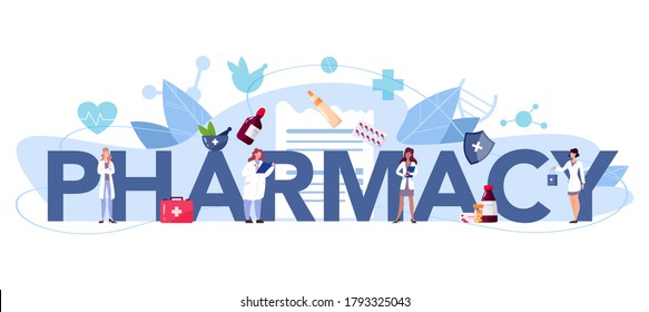 Pharmacy typographic header. Pharmacist holding a bag with pharmacy drug in bottle and box for disease treatment. Healthcare and medical treatment concept. Isolated vector illustration