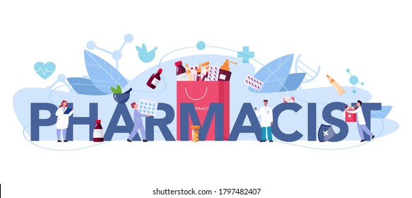 Pharmacy typographic header. Pharmacist holding a bag with pharmacy drug in bottle and box for disease treatment. Healthcare and medical treatment concept. Isolated vector illustration