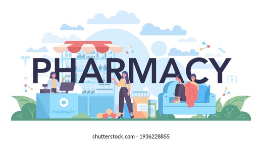 Pharmacy typographic header. Pharmacist preparing and selling drugs