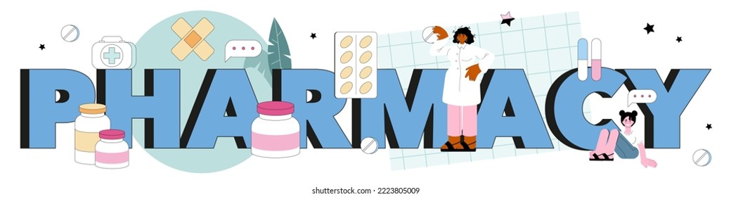 Pharmacy typographic header. Pharmacist preparing and selling drugs for diseases treatment. Healthcare and medical treatment consultation. Flat vector illustration