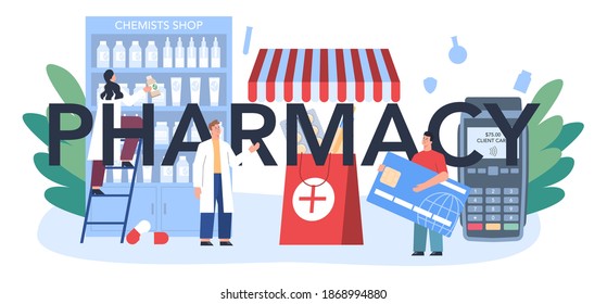 Pharmacy typographic header. Pharmacist selling drugs in bottle and box for disease treatment. Healthcare and medical treatment concept. Isolated vector illustration