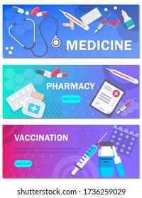 Pharmacy and vaccination concept templates for horizontal web banners . Can use for backgrounds, infographics, hero images. Health Medical Flat modern vector illustration.