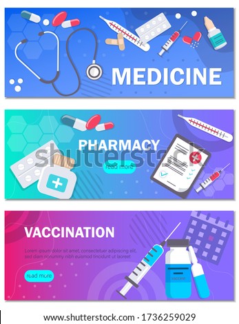 Pharmacy and vaccination concept templates for horizontal web banners . Can use for backgrounds, infographics, hero images. Health Medical Flat modern vector illustration.