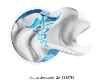 Pharmacy, vector 3d flag against a blue sky, through a round hole on a white background