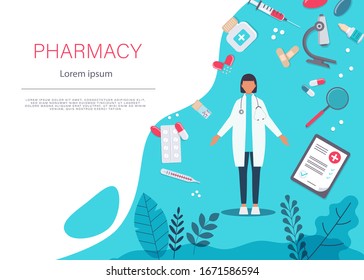 Pharmacy vector elements. A female pharmacist is showing medicine. Pharmacy icon set. Pharmacist showing prescription with lot of medicine vector.