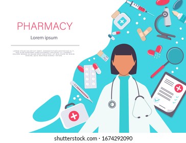 Pharmacy vector elements. A female pharmacist is showing medicine. Pharmacy icon set. Pharmacist showing prescription with lot of medicine vector.