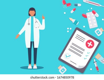 Pharmacy vector elements. A female pharmacist is showing medicine. Pharmacy icon set. Pharmacist showing prescription with lot of medicine vector.
