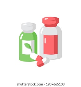 Pharmacy vector flat color icon. Pills in containers. Herbal drugs. Health care. Diet supplements. Pharmaceutical products in bottles. Cartoon style clip art for mobile app. Isolated RGB illustration