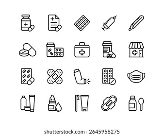 Pharmacy Vector Icon Set | Adjustable Line Weight | Pills, medicine, drugs, prescription, pharmacy, capsules, health, first aid, treatment, dose, bottle, mask, pharmacy shop, syringe icons