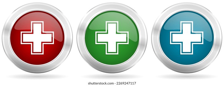 Pharmacy vector icon set. Red, blue and green silver metallic web buttons with chrome border