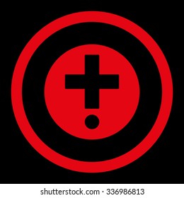 Pharmacy vector icon. Style is flat rounded symbol, red color, rounded angles, black background.