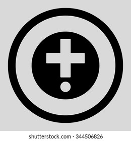 Pharmacy vector icon. Style is flat rounded symbol, black color, rounded angles, light gray background.