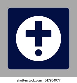 Pharmacy vector icon. Style is flat rounded square button, white and dark blue colors, silver background.