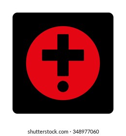 Pharmacy vector icon. Style is flat rounded square button, intensive red and black colors, white background.
