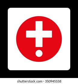 Pharmacy vector icon. Style is flat rounded square button, red and white colors, black background.