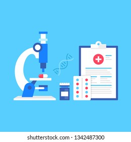 Pharmacy. Vector illustration. Pharmaceutics, medicinal chemistry, pharmaceutical chemistry concepts. Flat design. Microscope with capsule, bottle of pills, drugs and clipboard with medical document