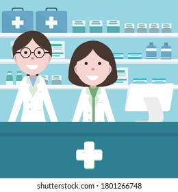Pharmacy vector info graphic elements.Pharmacist at counter in pharmacy.Drugstore flat vector illustration.